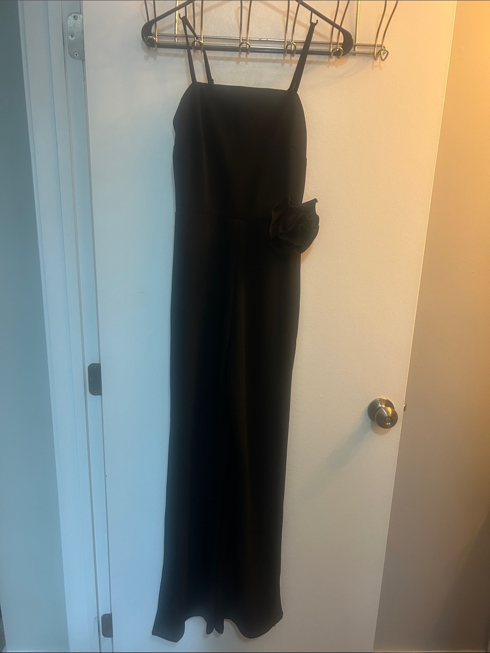 Almost Famous Black Satin Strapless-Style Maxi Jumpsuit with Rosette
